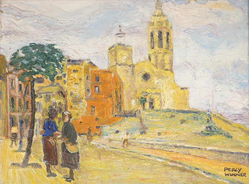 Percy Winner, Two figures before a church, signed, Impressionist oil on canvas, 29 x 39cm